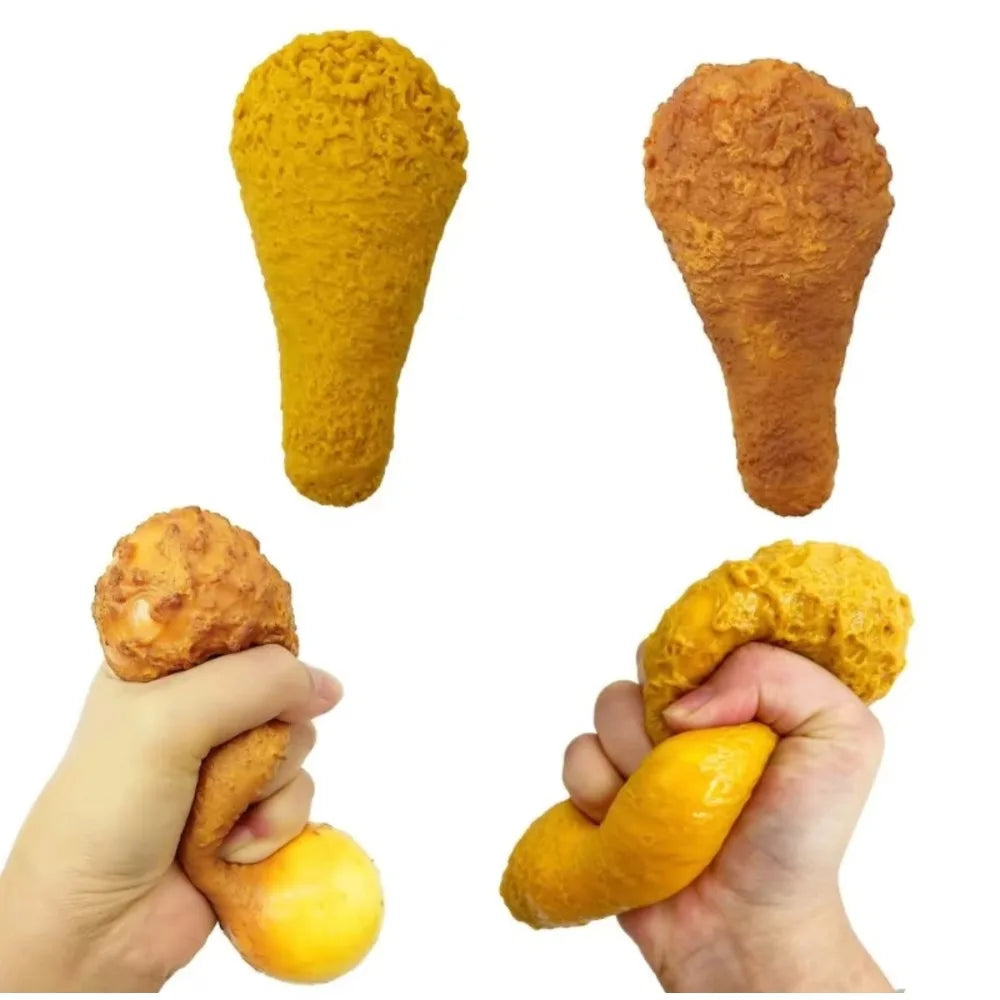 Fried chicken drumstick squishies on white: the golden-yellow crisp-sound style (left) and a darker style (right, not included), each also shown squeezed in a hand