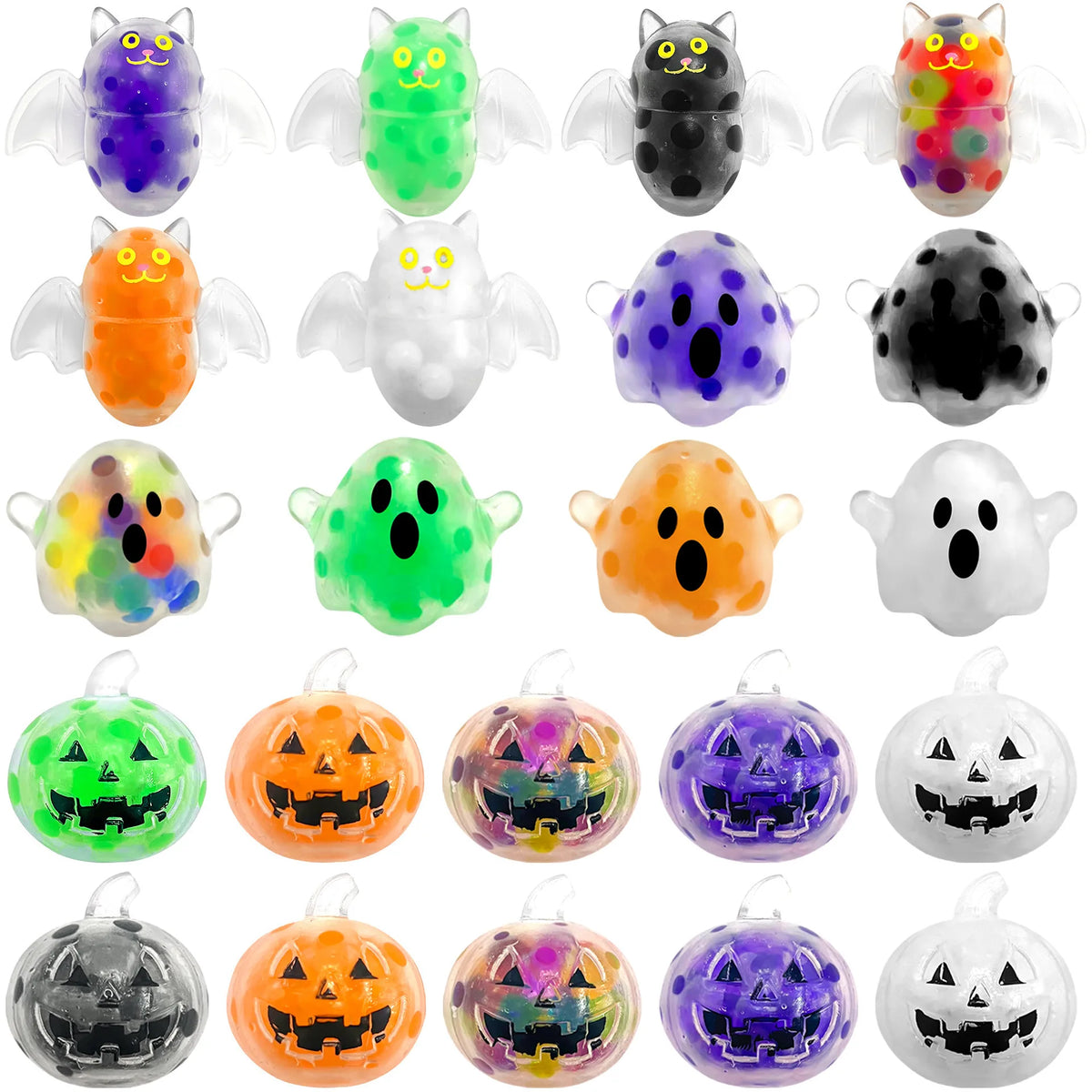 Grid of Halloween squeeze ball designs in orange, green, purple, black and white (3 random per order)