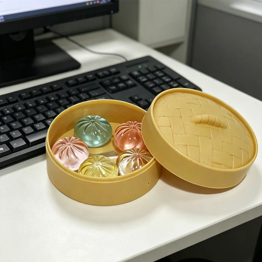 Mini dumpling squishies in a steamer basket on a desk