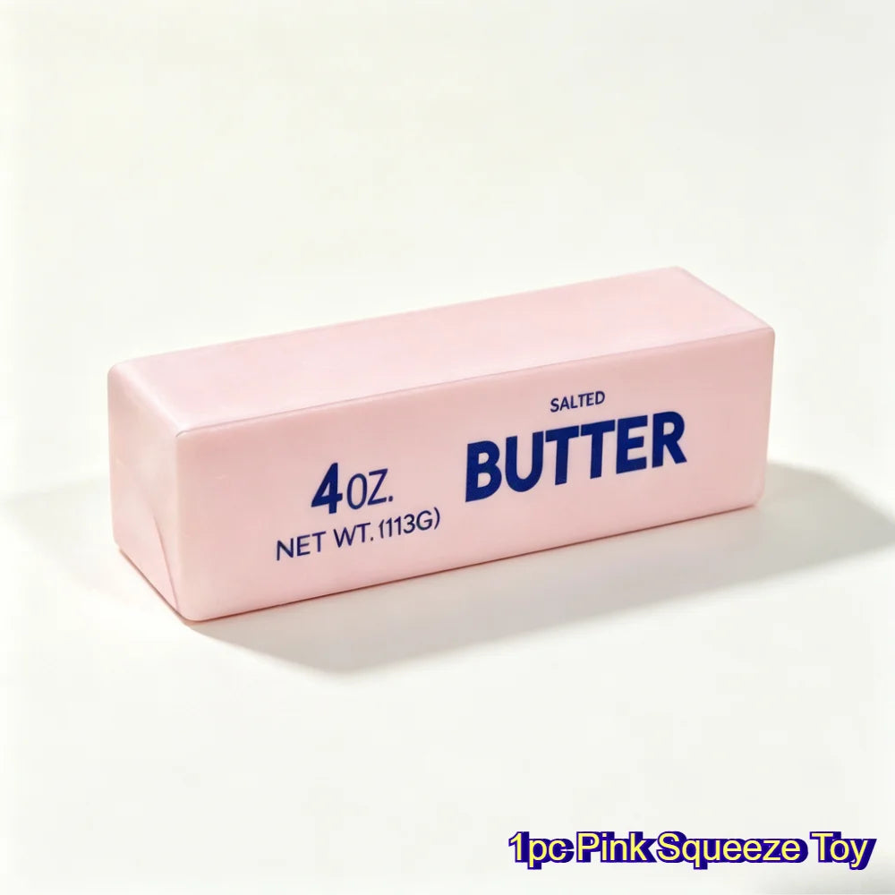 Pink Butter style: a pink silicone squeeze toy shaped like a stick of salted butter with blue wrapper print