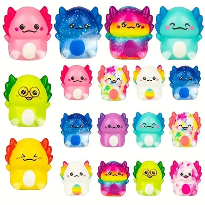 Grid of mini newt squishy designs in pink, blue, rainbow, green, yellow and white; styles and colors are random