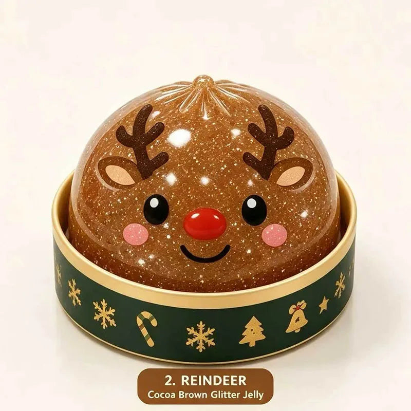 Reindeer dumpling squishy with brown glitter in a green holiday steamer cup (one of the designs)