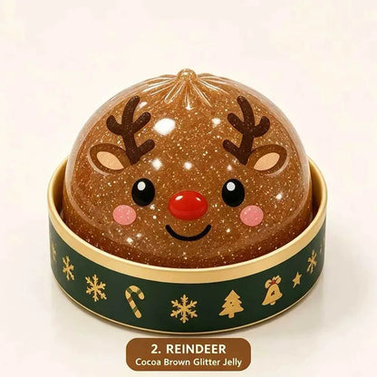 Reindeer dumpling squishy with brown glitter in a green holiday steamer cup (one of the designs)