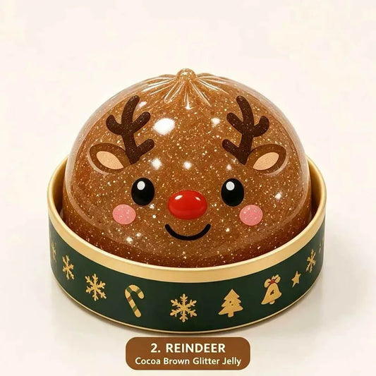 Reindeer dumpling squishy with brown glitter in a green holiday steamer cup (one of the designs)