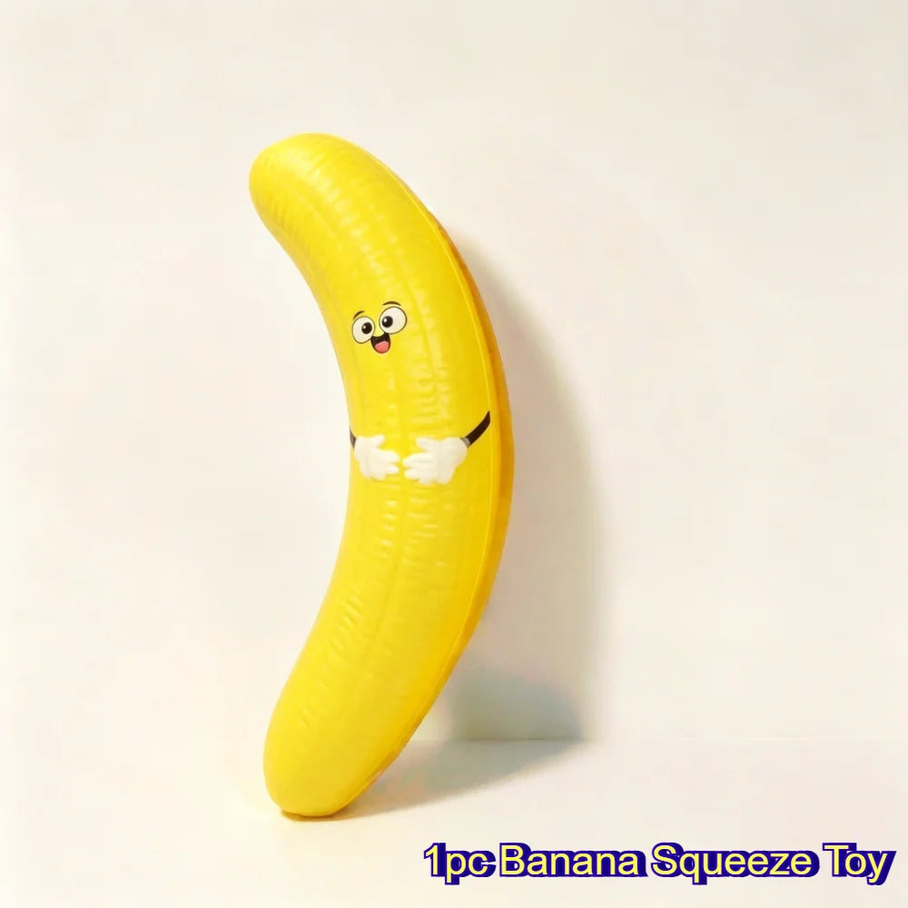 Banana style: a yellow silicone banana squeeze toy with a smiling cartoon face