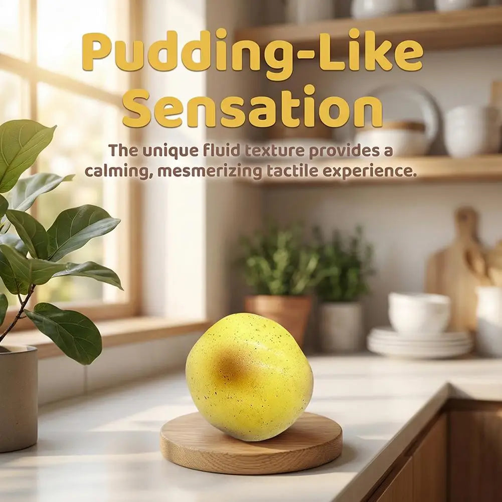Potato pudding squishy sitting on a wooden board in a kitchen