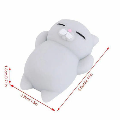 Gray mini mochi cat squishy with size guide: about 5.5 cm long, 3.8 cm wide and 1.8 cm tall