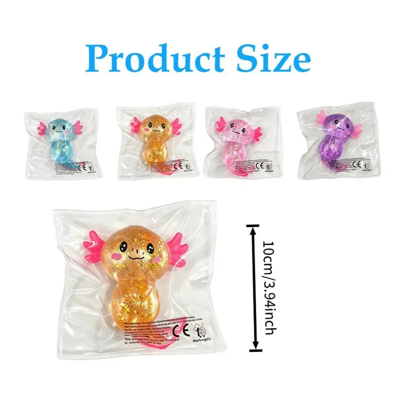 Glitter axolotl squishy size guide, about 10 cm tall, with four color examples
