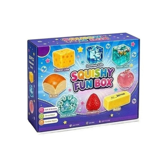 Candy squishy gift box showing 8 pieces: cheese cube, snowflake cube, ocean cube, bread, apple, cat paw, strawberry and butter