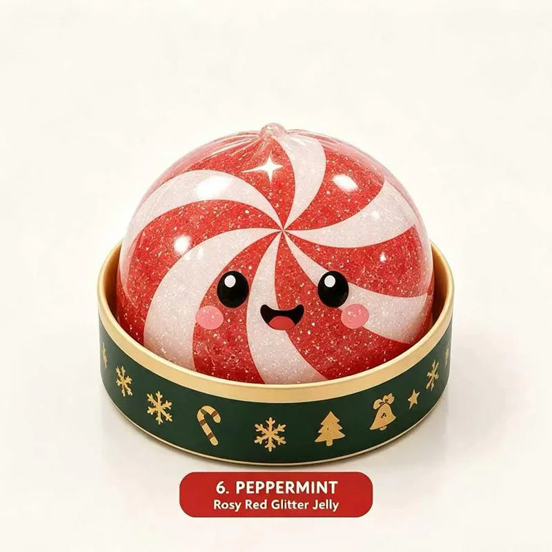 Peppermint swirl dumpling squishy in a green holiday steamer cup (one of the designs)