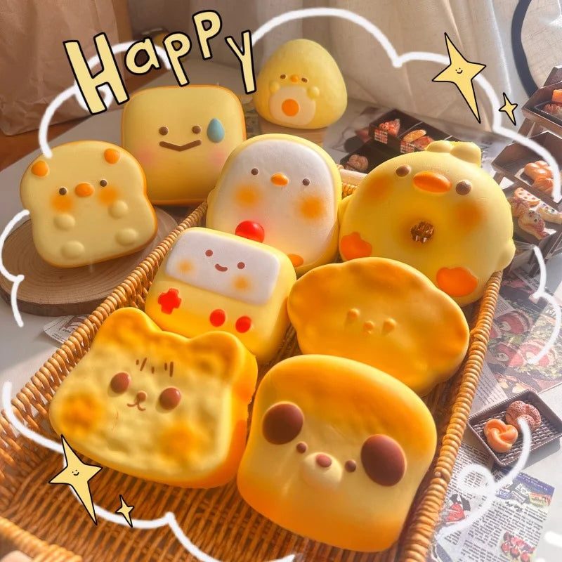 Basket of animal bread bun squishies with cute faces