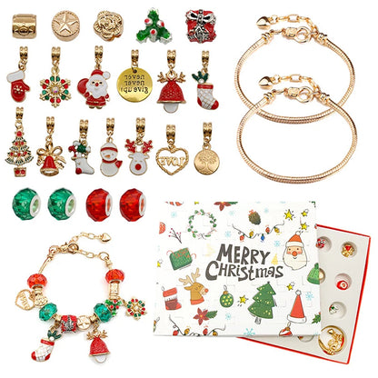 Gold-tone Christmas charm bracelet advent calendar: charms, beads, two bracelets and the Merry Christmas box