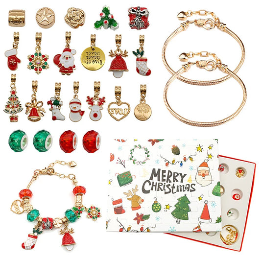 Gold-tone Christmas charm bracelet advent calendar: charms, beads, two bracelets and the Merry Christmas box
