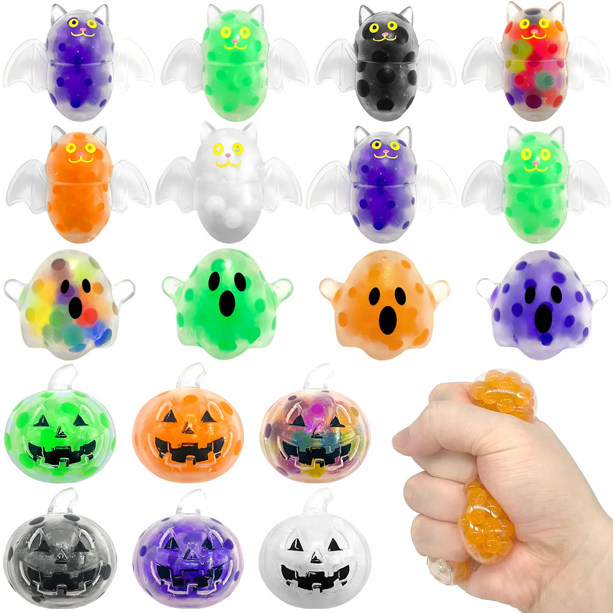 Assorted Halloween squeeze ball designs like pumpkins, ghosts and bats, with one being squeezed (3 random per order)