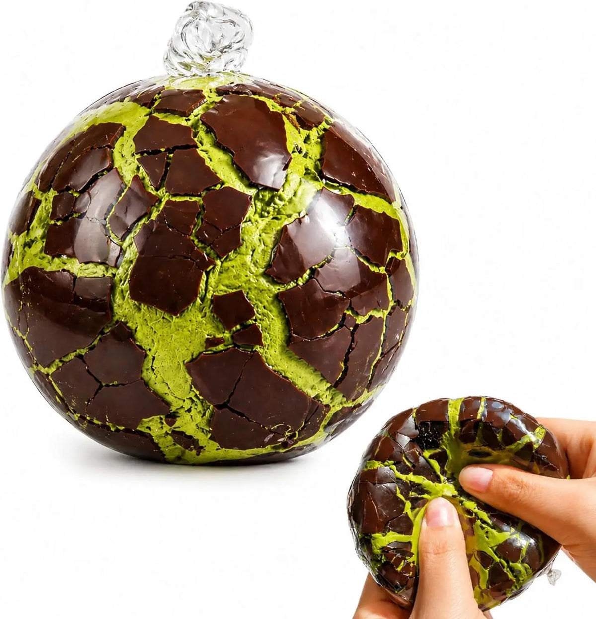 Lime Veins: deep brown wax crack squishy ball with lime-green crackle