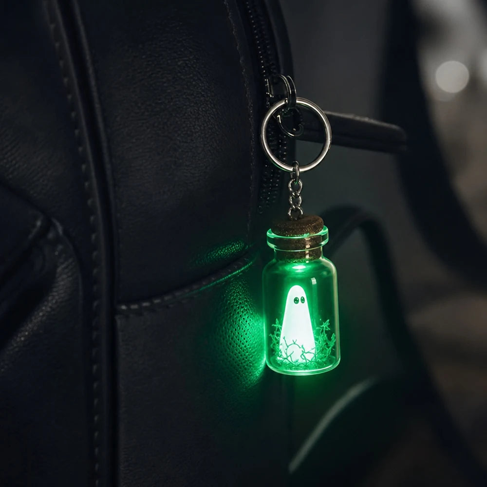 Glowing ghost bottle keychain clipped to a black bag