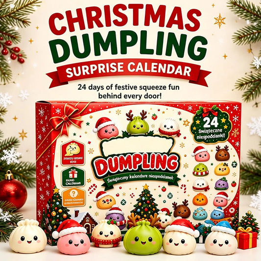 Christmas dumpling advent calendar box with holiday dumpling squishies in Santa hats and reindeer antlers