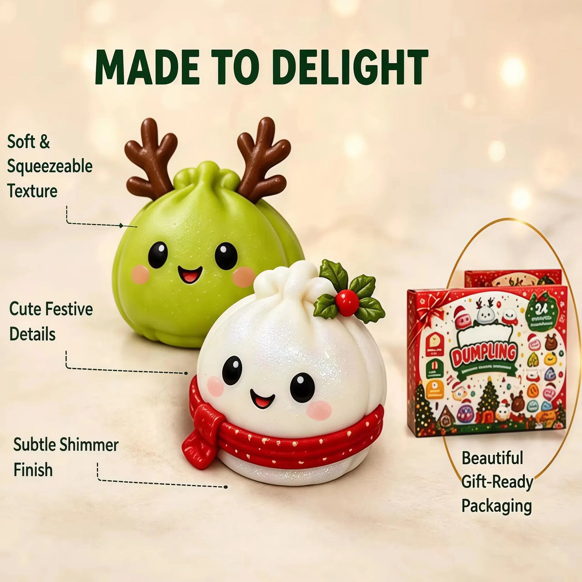 Close-up of a green reindeer dumpling squishy and a white glitter snowman dumpling squishy with a red scarf