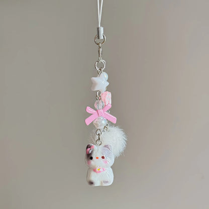 Pink cat bead phone strap with a pink bow, star bead, pom-pom and white cat charm