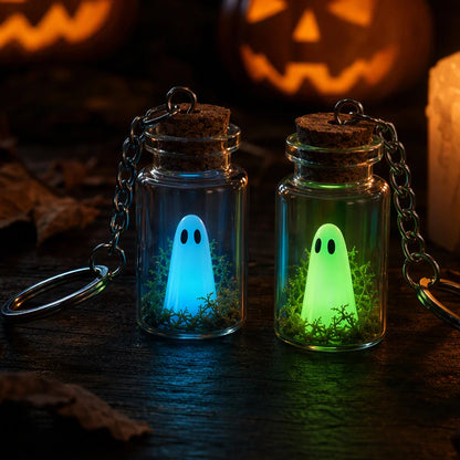 Two ghost bottle keychains glowing blue and green