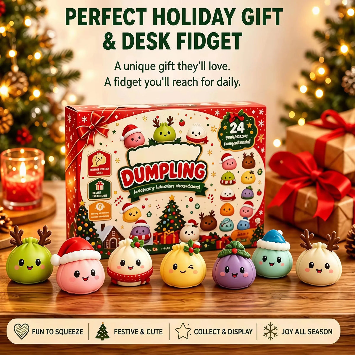 Dumpling squishy advent calendar with seven holiday dumpling squishies lined up in front