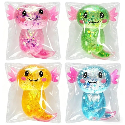 Four glitter axolotl squishies in pink, green, yellow and blue (colors vary)