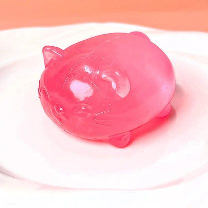 Pink translucent gooey cat squishy with a simple embossed cat face, sitting on a white plate