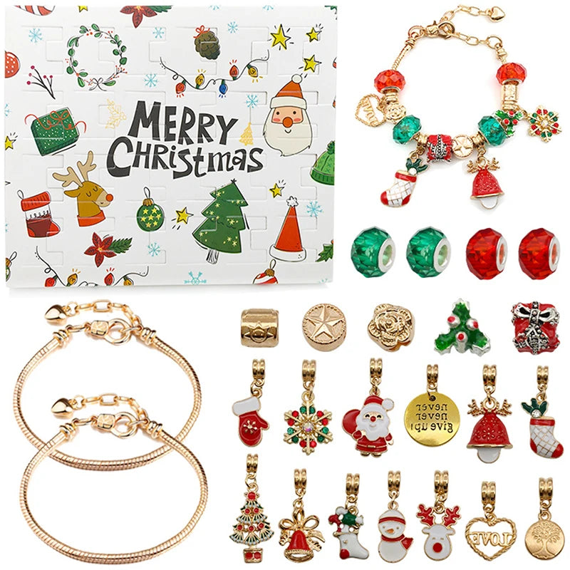 Merry Christmas advent box with gold-tone bracelets and holiday charms