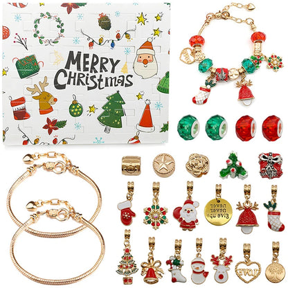 Merry Christmas advent box with gold-tone bracelets and holiday charms
