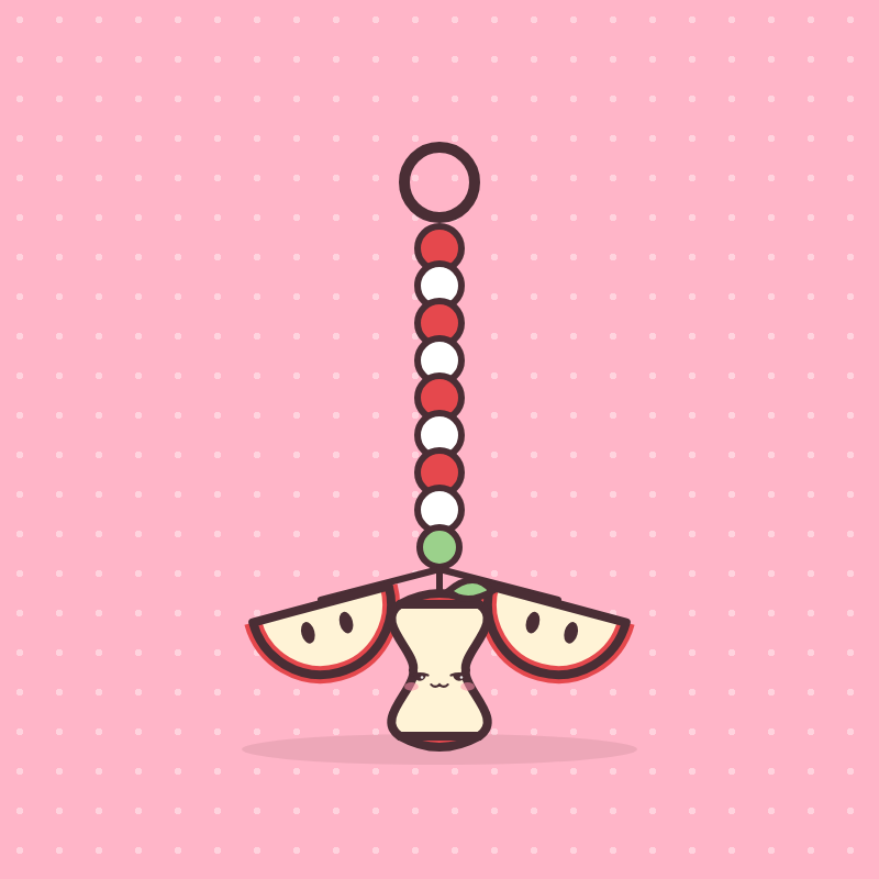 Red and white beaded phone charm strap with two apple slice charms, a mini apple core and a green bead