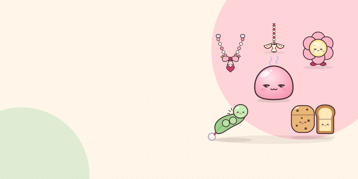 Momo surrounded by a pink bow beaded charm strap, a red apple beaded charm strap, a flower shaker phone grip, an edamame pop keychain and cookie and toast earbud cases