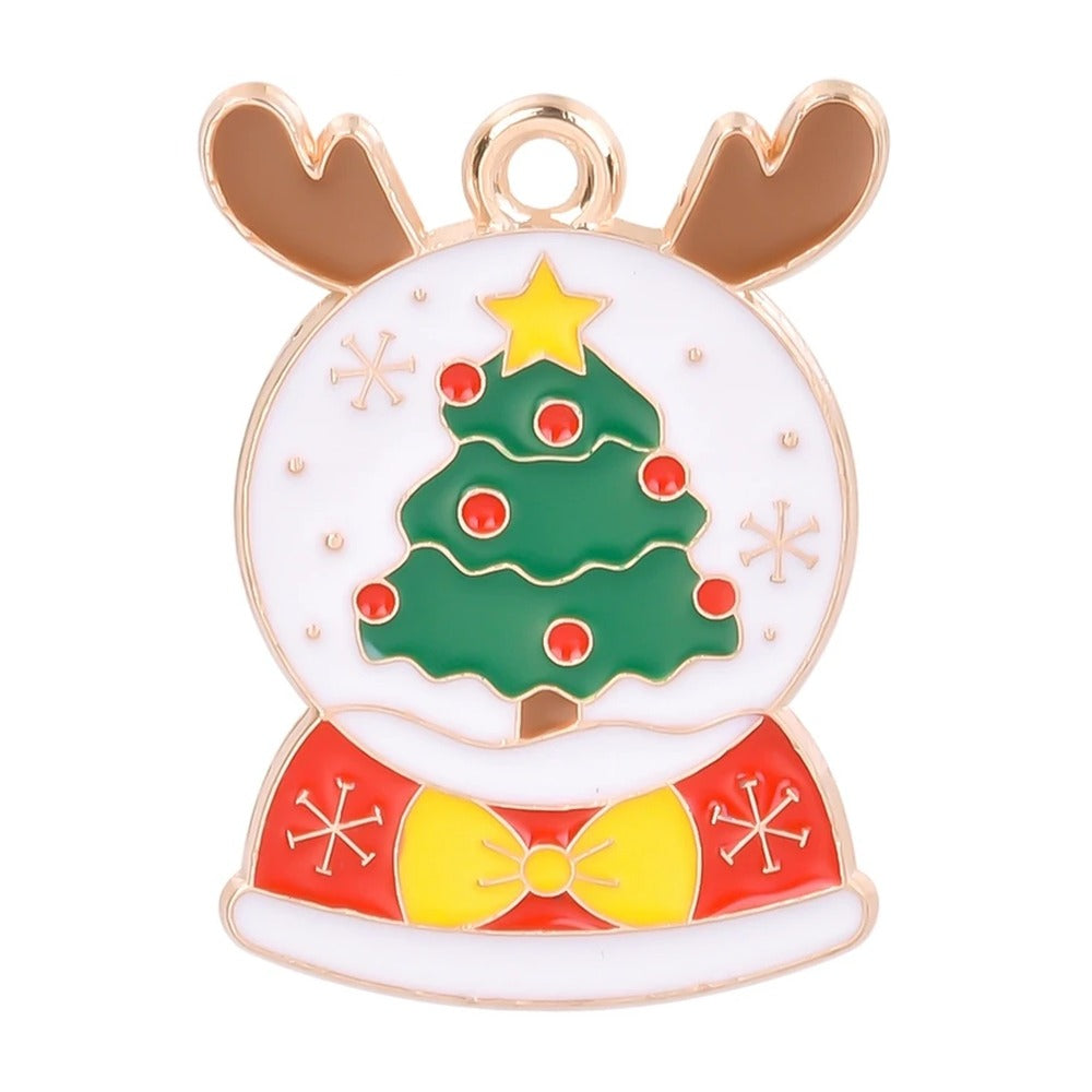 Reindeer snow globe enamel charm with brown antlers, a Christmas tree and a yellow bow; one of the 5 matching charms in the set