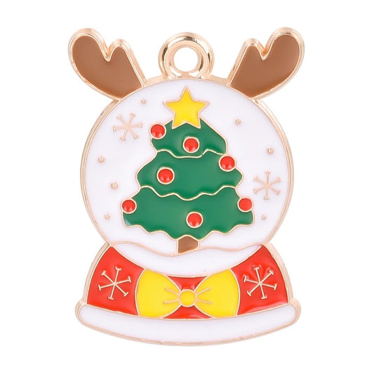 Reindeer snow globe enamel charm with brown antlers, a Christmas tree and a yellow bow; one of the 5 matching charms in the set