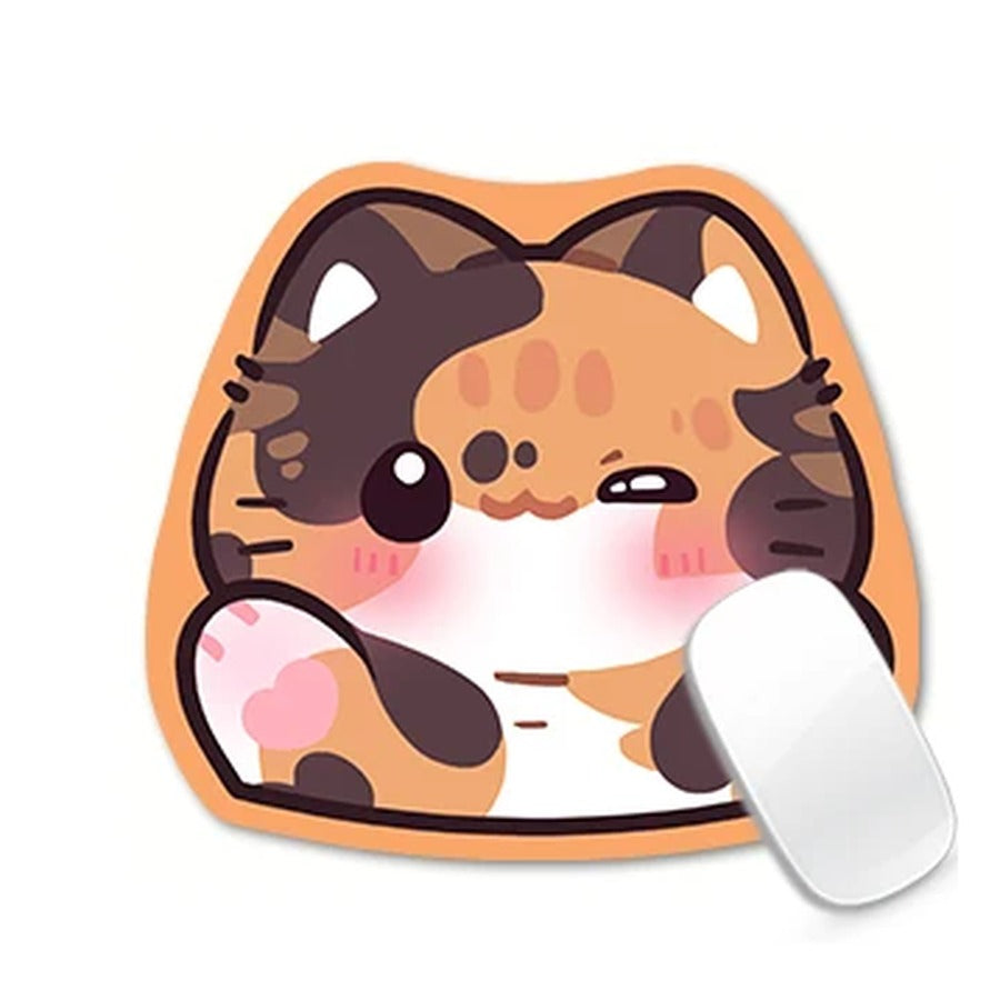 Tortoiseshell cat desk mat, cat-head shape, about 30 x 27 cm, with a white mouse on it